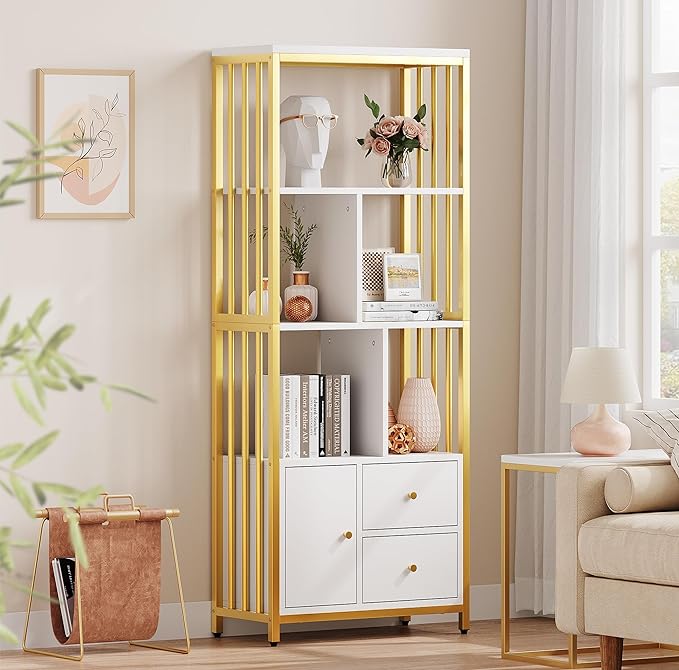 IDEALHOUSE Bookshelf with Drawers Modern Bookcase Storage Rack Shelf Tall Standing Bookshelves Metal Frame Large Gold Display Racks Book Shelf for Bedroom, Living Room, Home Office - LeafyLoom