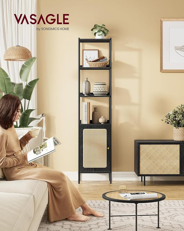 VASAGLE 6-Tier Bookcase, Bookshelf with Rattan-Like Door, Boho Style, Freestanding 15.7-Inch Wide Storage Shelf, Metal Frame, Adjustable Shelf, for Living Room, Ebony Black and Matte Black ULLS122B56 - LeafyLoom