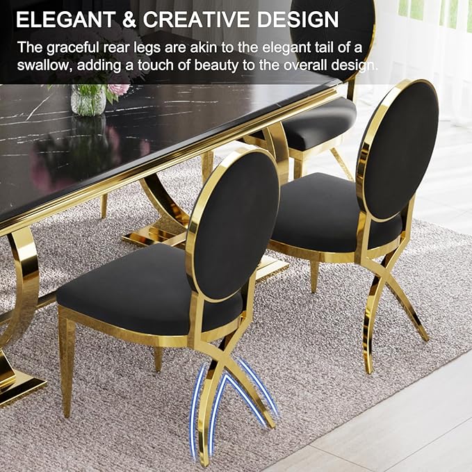ACEDÉCOR Black and Gold Dining Chairs, Velvet Upholstered Dining Room Chair with Oval Back & Gold Unique Legs, Mid-Century Modern Armless Chair Set of 10 - LeafyLoom