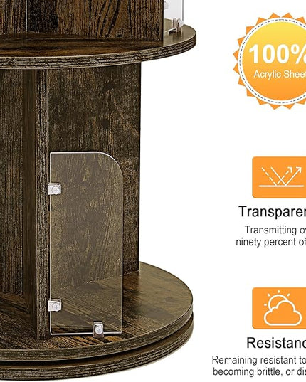 VECELO 4 Tier Revolving Bookshelf Tower, 360° Display Floor Standing Storage Rack with Acrylic Visible Window Partition for Bedroom, Living Room Home and Office, Brown - LeafyLoom