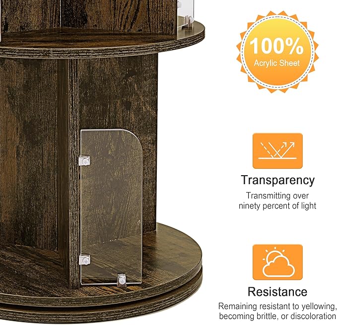 VECELO 4 Tier Revolving Bookshelf Tower, 360° Display Floor Standing Storage Rack with Acrylic Visible Window Partition for Bedroom, Living Room Home and Office, Brown - LeafyLoom