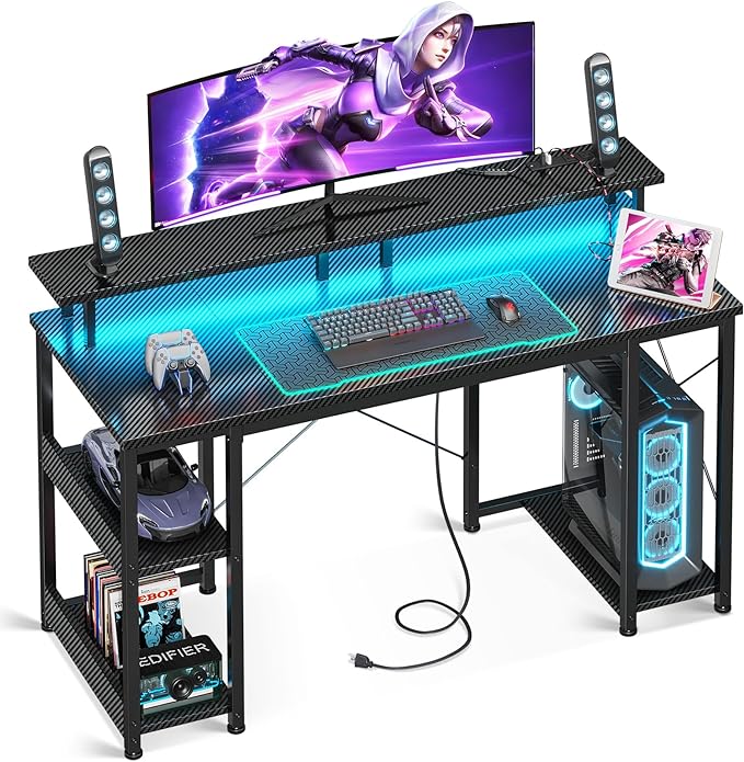 ODK 48 inch Computer Desk with Power Outlets & LED Lights, Gaming Desk with Monitor Stand & Storage Sheves, Home Office Desk, Carbon Fiber Black - LeafyLoom