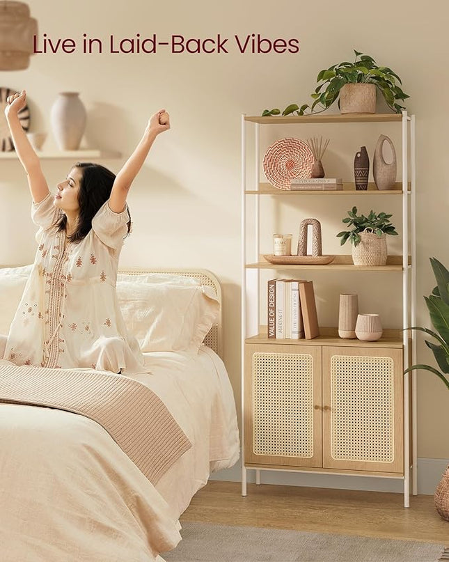 VASAGLE 6-Tier Bookcase, Bookshelf with Rattan-Like Door, Boho Style, Freestanding 30.1-Inch Wide Storage Shelf, Metal Frame, Adjustable Shelf, for Living Room, Oak Beige and Pearl White ULLS124W57 - LeafyLoom