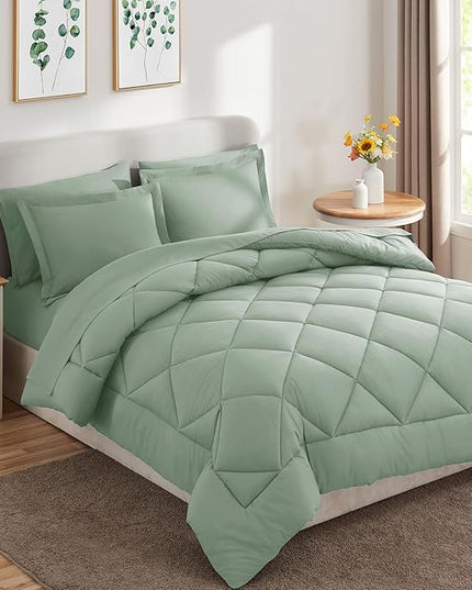 CozyLux Queen Comforter Set with Sheets 7 Pieces Bed in a Bag Sage Green All Season Bedding Sets with Comforter, Pillow Shams, Flat Sheet, Fitted Sheet and Pillowcases - LeafyLoom
