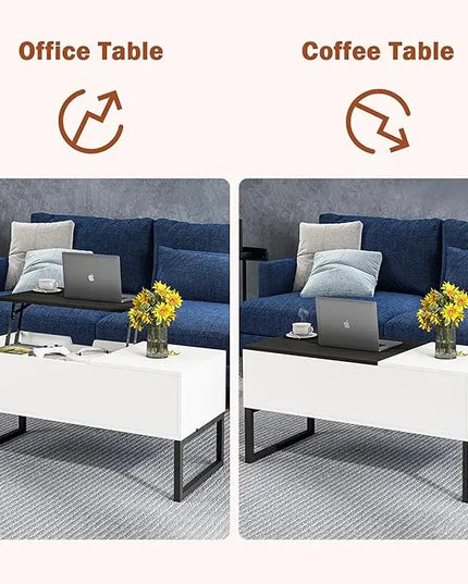 White Coffee Table with Black Lift Top - Modern Industrial Coffee Table with Lifting Top and Hide Compartment Storage - 40 Inch Rectangle Lift Coffee Tables for Living Room - LeafyLoom