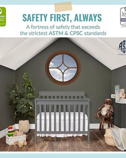 Aden 4-in-1 Convertible Mini Crib In Steel Grey, Greenguard Gold Certified, Non-Toxic Finish, New Zealand Pinewood, With 3 Mattress Height Settings - LeafyLoom
