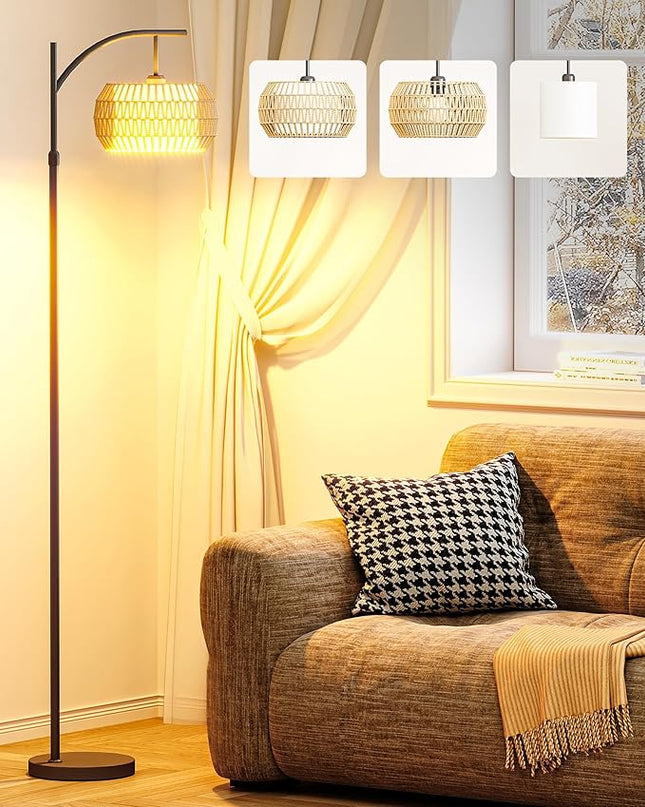 Boho Arc Rattan Floor Lamp with Remote Control - Tall Standing Lamp for Living Room, Mid Century Farmhouse Floor Lamp, Adjustable Height and 360° Rotation for Bedroom, Study Room - LeafyLoom
