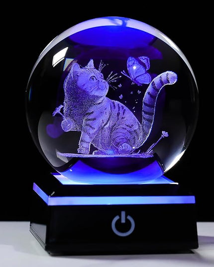 Qianwei Cat Gifts for Women Men Crystal Ball - 3D Laser Cat Decor Glass Animals Red Bird Figurines Statue Stuff for Room Decorations Cat Night Light - LeafyLoom