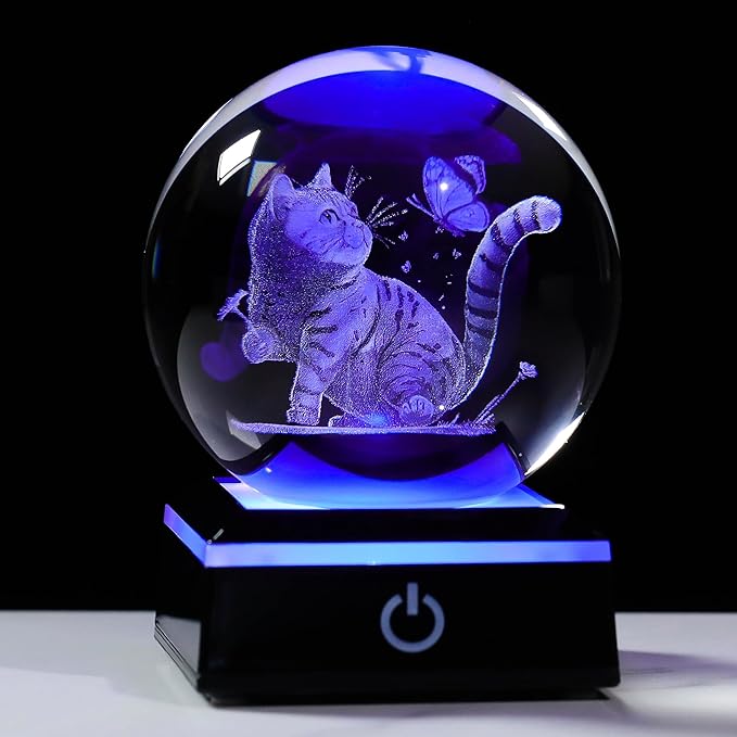 Qianwei Cat Gifts for Women Men Crystal Ball - 3D Laser Cat Decor Glass Animals Red Bird Figurines Statue Stuff for Room Decorations Cat Night Light - LeafyLoom