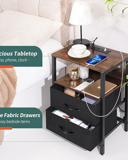 Yoobure Nightstand with Charging Station, Small Night Stand with Fabric Drawers and Storage Shelf for Bedrooms, Nightstands for Small Spaces, Bedside Table with USB Ports & Outlets, Bed Side Table - LeafyLoom