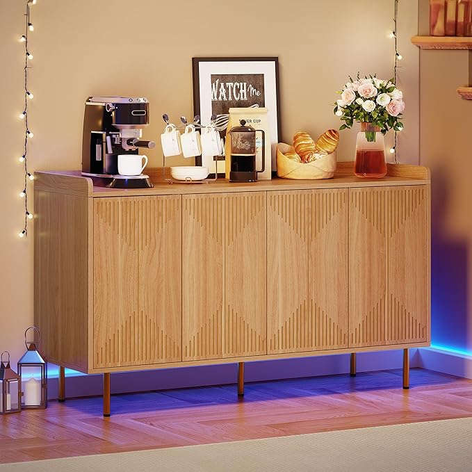 YITAHOME Sideboard Buffet Cabinet, Modern Kitchen Storage Cabinets, Freestanding Coffee Bar Table, Large Buffet Cabinet with Cabinet with Carved Design Doors for Living Room, Dining Room, Natural - LeafyLoom