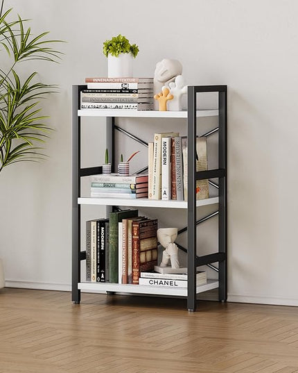 Bookshelf, 3 Tier Industrial Bookcase, Metal Small Bookcase, Rustic Etagere Book Shelf Storage Organizer for Living Room, Bedroom, and Home Office(White) Patent Pending D29873033 - LeafyLoom