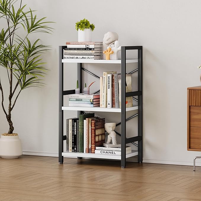 Bookshelf, 3 Tier Industrial Bookcase, Metal Small Bookcase, Rustic Etagere Book Shelf Storage Organizer for Living Room, Bedroom, and Home Office(White) Patent Pending D29873033 - LeafyLoom
