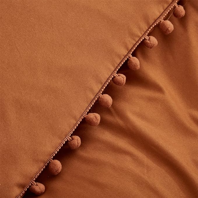 Pumpkin Comforter Set Full Burnt Orange Pom Comforter 3 Pieces Pumpkin Color Boho Ball Pom Fringe Full Comforter Bedding Set Women Solid Pumpkin Full Bed Comforter Set All Season Gift - LeafyLoom