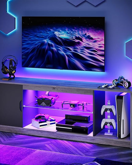 Bestier LED TV Stand for 55/60/65 Inch TV, Gaming Entertainment Center with Cabinet for PS5, Modern TV Cabinet with Adjustable Glass Shelves for Living Room, Bedroom 58 Inch, Grey Wash - LeafyLoom
