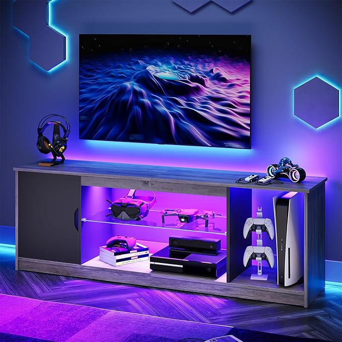 Bestier LED TV Stand for 55/60/65 Inch TV, Gaming Entertainment Center with Cabinet for PS5, Modern TV Cabinet with Adjustable Glass Shelves for Living Room, Bedroom 58 Inch, Grey Wash - LeafyLoom