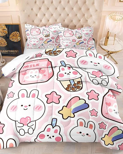CVHOUSE Kawaii Bedding Queen Size,Kawaii Rabbit Bedding Set for Girls Kids,Cute Rabbit Comforter Set Kawaii Rabbit Duvet Set Rabbit Pattren Quilt Set Girls Room Decor 3 Pieces - LeafyLoom