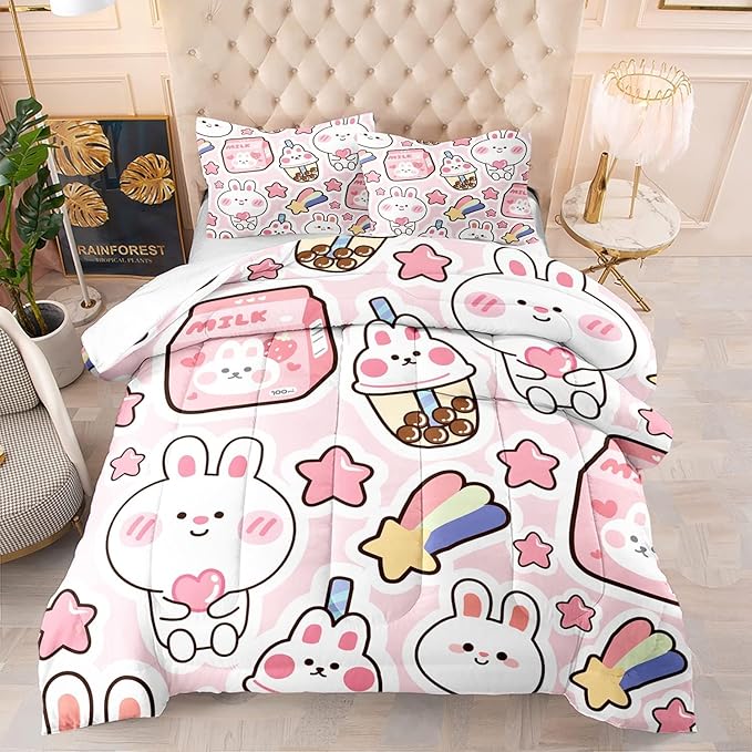CVHOUSE Kawaii Bedding Queen Size,Kawaii Rabbit Bedding Set for Girls Kids,Cute Rabbit Comforter Set Kawaii Rabbit Duvet Set Rabbit Pattren Quilt Set Girls Room Decor 3 Pieces - LeafyLoom