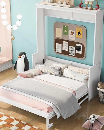 Queen Size Murphy Bed with Shelf, Queen Wall Bed Storage Bed for Guestroom, Office, Space-Saving Design Murphy Bed Frame, No Spring Box Needed, White - LeafyLoom