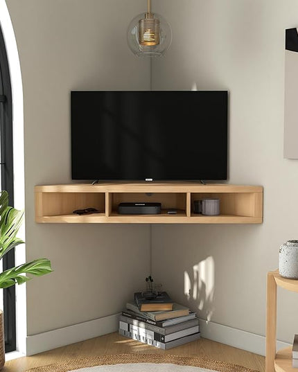 24/7 Shop at Home French 47 inch Modern TV Stand with Storage, Floating Corner Shelf for Wall, Wood Entertainment Center with Shelves for Living Room, Bedroom, Family, Gingko Maple - LeafyLoom