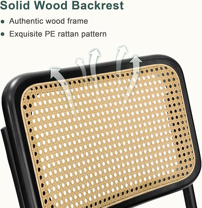 Mid Century Modern Dining Chairs Set of 2, Rattan Cantilever Kitchen Chairs, Dining Room Chairs Old Green Upholstered, Solid Wood Cane Back, Black Stainless Chrome Base Heavy Duty - LeafyLoom