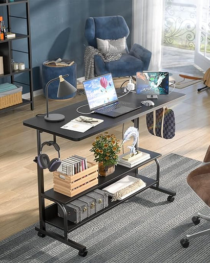 Height Adjustable Standing Desk with Power Outlets, 39" Manual Stand Up Desk with Storage Shelves Small Mobile Rolling Computer Desk Portable Laptop Table with Wheels for Home Office, Black - LeafyLoom