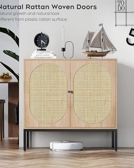 Brafab Set of 2 Rattan Cabinet Buffet Cabinet, Sideboard Cabinet with Natural Rattan Decorated Doors, Accent Cabinet, for Living Room, Entryway, Bedroom, Dining Room/Oval Doors Natural - LeafyLoom