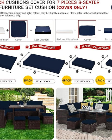 ClawsCover 13Pack Outdoor Seat and Back Cushions Replacement Covers Fit for 7Pieces Wicker Rattan Patio Furniture Set Sectional Couch with Dining Table and Ottoman,Navy-Include Cover Only - LeafyLoom