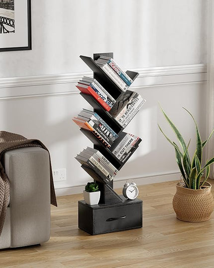 Egepon 6-tier Tree Bookshelf with Drawer Black Book Shelf Storage Rack Floor Standing Bookcase for CDs Movies Books Multifunctional Organizer Shelves for Home Office Living Room Bedroom - LeafyLoom