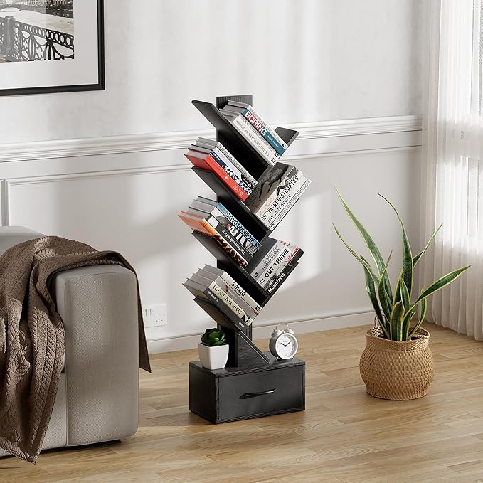 Egepon 6-tier Tree Bookshelf with Drawer Black Book Shelf Storage Rack Floor Standing Bookcase for CDs Movies Books Multifunctional Organizer Shelves for Home Office Living Room Bedroom - LeafyLoom
