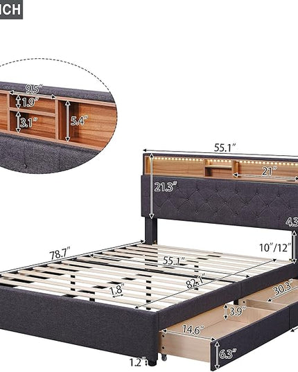 Full Size Bed Frame with LED Headboard, USB Charging, Upholstered Platform Bed with Storage Drawers and Headboard, No Box Spring Needed, Dark Gray - LeafyLoom