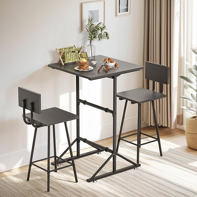 VECELO 3-Piece Bar Table Chairs, Square Counter Height Bistro Dinette Sets with 2 Barstools for Kitchen, Breakfast Nook, Small Spaces, Black - LeafyLoom
