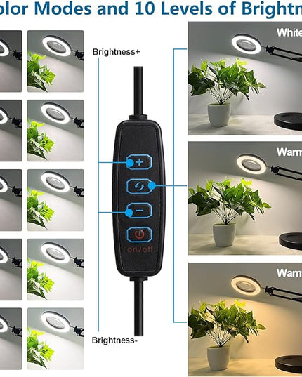 10X Magnifying Glass with Light, HITTI 1,800 Lumens Stepless Dimmable, 3 Color Modes, 4.2″ Real Glass Lens LED Desk Lamp & Clamp, Magnifier Light and Stand for Crafts Welding Close Work - LeafyLoom