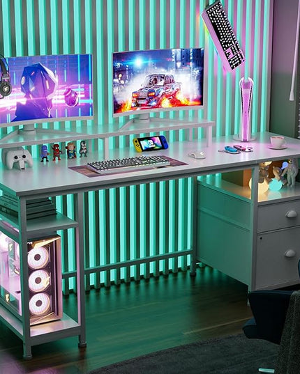 Furologee 61" Computer Desk with Fabric File Cabinet & Drawer, Reversible White Desk with Storage Shelf, Office Desk with Long Monitor Stand, Writting Desk Workstation, for Home/Office/White - LeafyLoom