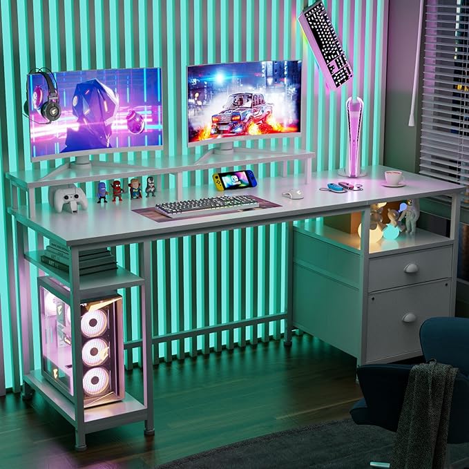 Furologee 61" Computer Desk with Fabric File Cabinet & Drawer, Reversible White Desk with Storage Shelf, Office Desk with Long Monitor Stand, Writting Desk Workstation, for Home/Office/White - LeafyLoom
