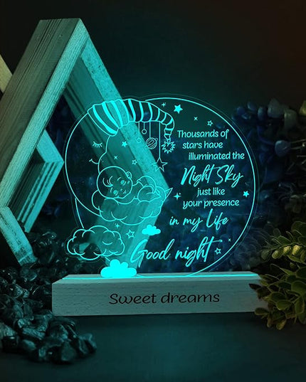 ARTSYWIX Gifts for Kids, Good Night 3D Illusion Lamp LED Wooden Base USB Powered Acrylic Night Light, Gifts for Baby Son Daughter from Parent, Gift for Birthday Holiday Thanksgiving Bedroom Décor - LeafyLoom