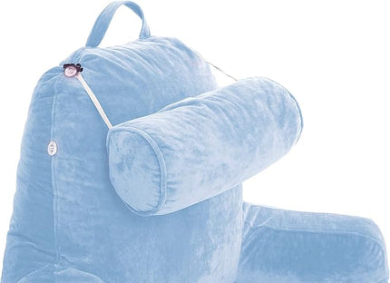 Husband Pillow XXL Sky Blue Backrest with Arms - Adult Reading Pillow Shredded Memory Foam, Ultra-Comfy Removable Microplush Cover, Detachable Neck Roll, Unmatched Support for Bed Rest Sit Up Pillow - LeafyLoom