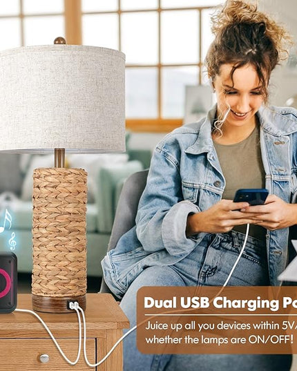 Set of 2 Rattan Table Lamps for Living Room with 2 USB Ports, 27in Tall Bedroom Lamp Costal Farmhouse, Rustic Woven Seagrass Bedside Nightstand Lamps for End Table, E26 Socket&Rotary Switch, No Bulb - LeafyLoom