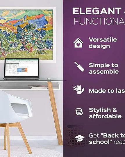 bonVIVO Massimo Small Desk - 43 Inch, Modern Computer Desk for Small Spaces, Living Room, Office and Bedroom - Study Table w/Glass Top and Shelf Space - White - LeafyLoom