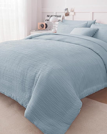 Queen Comforter Set Blue, 8 Piece Bed in a Bag Queen for All Season, Woven Texture Bedding Comforter Set with Sheets and Pillows, Soft Lightweight Queen Comforter Bed Set, Light Heaven Blue - LeafyLoom
