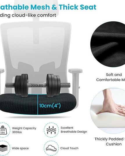 Office Chair Ergonomic Desk Chair High Back Computer Chair Swivel Mesh Task Chair with Adjustable Lumbar Support Armrests Headrest Black - LeafyLoom