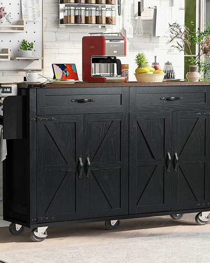53.5'' Farmhouse Kitchen Island Cart with Power Outlet, Kitchen Island with Storage,Drop Leaf and Spice Rack, Rolling Kitchen Cart on Wheels for Home, Kitchen and Dining Room - LeafyLoom