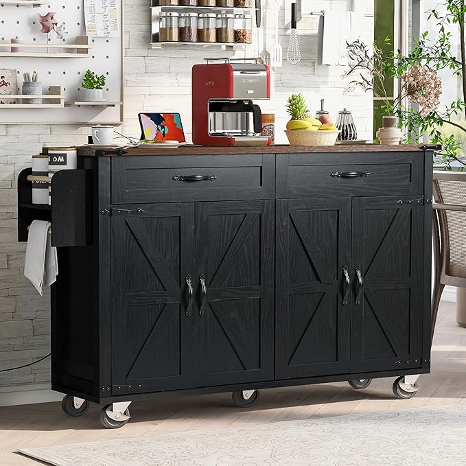 53.5'' Farmhouse Kitchen Island Cart with Power Outlet, Kitchen Island with Storage,Drop Leaf and Spice Rack, Rolling Kitchen Cart on Wheels for Home, Kitchen and Dining Room - LeafyLoom