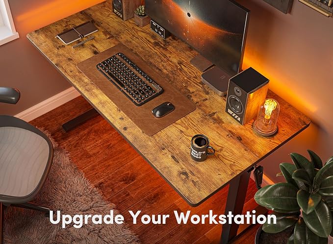 FEZIBO Crank Height Adjustable Desk, 48 Inches Manual Standing Desk, Writing Table with Handle, Home Office Desk with Black Frame/Rustic Brown Top - LeafyLoom