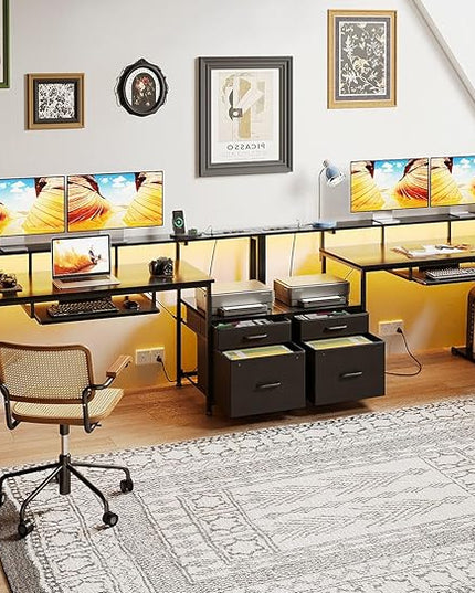AODK 55 Inch Gaming Desk with Power Outlets & LED Light, Reversible Computer Desk with File Cabinet and Fabric Drawer, Office Desk with Keyboard Tray, Table with Full Monitor Riser and PC Stand, Black - LeafyLoom