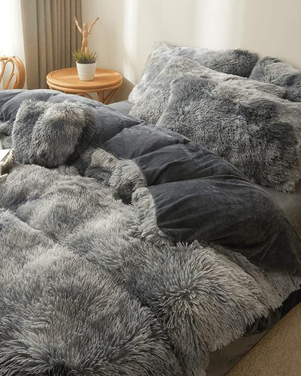 Tie dye Dark Gray Plush Fluffy Comforter Cover Set Queen - Ultra Soft Faux Fur tie dye Bedding Sets 3 Pieces (1 Shaggy Duvet Cover + 2 Pillow case) Fluffy Bed Set (Tie Dye Dark Gray, Queen) - LeafyLoom