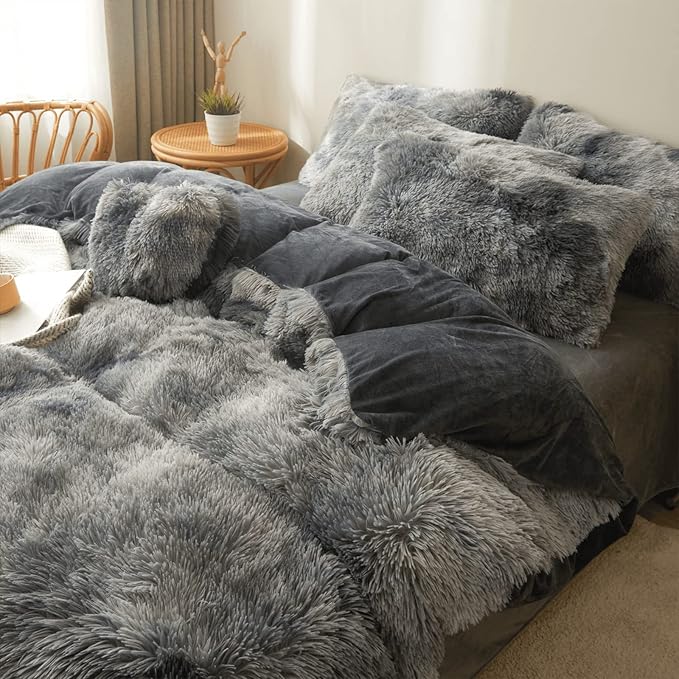 Tie dye Dark Gray Plush Fluffy Comforter Cover Set Queen - Ultra Soft Faux Fur tie dye Bedding Sets 3 Pieces (1 Shaggy Duvet Cover + 2 Pillow case) Fluffy Bed Set (Tie Dye Dark Gray, Queen) - LeafyLoom