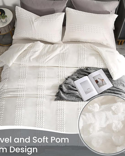 ENJOHOS Girls Queen Comforter Bedding Set White, 3 PCS Boho Comforter with Tufted Dots, Shabby Chic Bedding Comforter for All Season, Lightweight Fluffy Microfiber Comforter with 2 Pillowcases - LeafyLoom