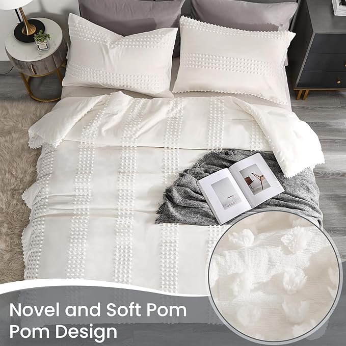ENJOHOS Girls Queen Comforter Bedding Set White, 3 PCS Boho Comforter with Tufted Dots, Shabby Chic Bedding Comforter for All Season, Lightweight Fluffy Microfiber Comforter with 2 Pillowcases - LeafyLoom
