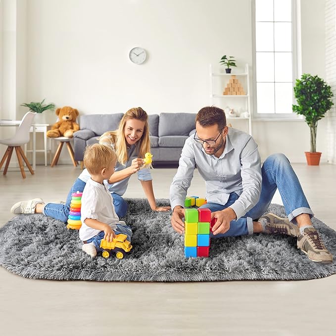 Noahas Oval Fluffy Grey Rainbow Rug 2.6X5.3 Small Kids Rugs for Bedroom Girls And Boys Aesthetic,Bedside Bedroom Rug,Ultra Soft Runner Carpet Modern Shaggy Nursery Area Rugs Home Deco - LeafyLoom